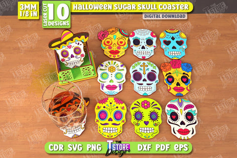 Sugar Skull Coasters Laser Cut Bundle | Drinks Coasters with Stand | Halloween Design | Seasonal Coasters | CNC Files SVG The T Store Design 