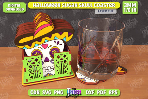 Sugar Skull Coasters Laser Cut Bundle | Drinks Coasters with Stand | Halloween Design | Seasonal Coasters | CNC Files SVG The T Store Design 