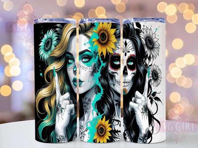 Sugar Skull Dia de los Muertos 20oz Tumbler, Half Woman Design, 20oz Cup Wrap, Sublimation Art, Dia de los Muertos Gift, Mexican Culture Drinkware, Gothic Tumbler Sublimation SvggirlplusArt 