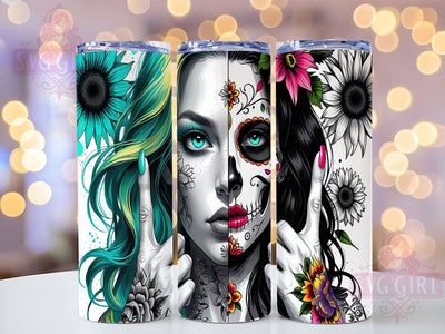 Sugar Skull Dia de los Muertos 20oz Tumbler, Half Woman Design, 20oz Cup Wrap, Sublimation Art, Dia de los Muertos Gift, Mexican Culture Drinkware, Gothic Tumbler Sublimation SvggirlplusArt 
