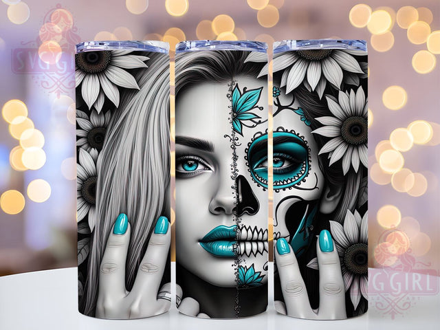 Sugar Skull Dia de los Muertos 20oz Tumbler, Half Woman Design, 20oz Cup Wrap, Sublimation Art, Dia de los Muertos Gift, Mexican Culture Drinkware, Gothic Tumbler Sublimation SvggirlplusArt 