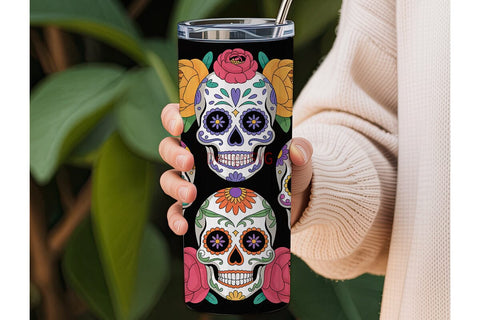 Sugar Skull Floral 20oz Tumbler Wrap Sublimation DesignSVG 