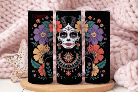 Sugar Skull Floral 20oz Tumbler Wrap Sublimation DesignSVG 