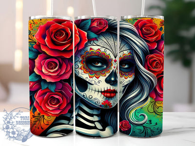 Sugar Skull Floral Tumbler, Floral Motif, Day Of The Dead, Artistic Style, Whimsical Design, 20Oz Tumbler, Sublimation Wrap Sublimation ToriDesigns 