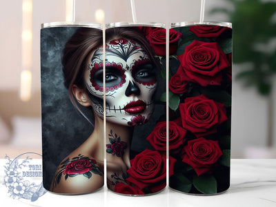 Sugar Skull Floral Tumbler, Floral Motif, Day Of The Dead, Artistic Style, Whimsical Design, 20Oz Tumbler, Sublimation Wrap Sublimation ToriDesigns 