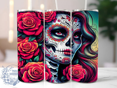 Sugar Skull Floral Tumbler, Floral Motif, Day Of The Dead, Artistic Style, Whimsical Design, 20Oz Tumbler, Sublimation Wrap Sublimation ToriDesigns 