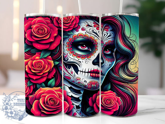 Sugar Skull Floral Tumbler, Floral Motif, Day Of The Dead, Artistic Style, Whimsical Design, 20Oz Tumbler, Sublimation Wrap Sublimation ToriDesigns 