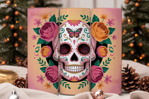 Sugar Skull Floral Tumbler Wrap Sublimation DesignSVG 