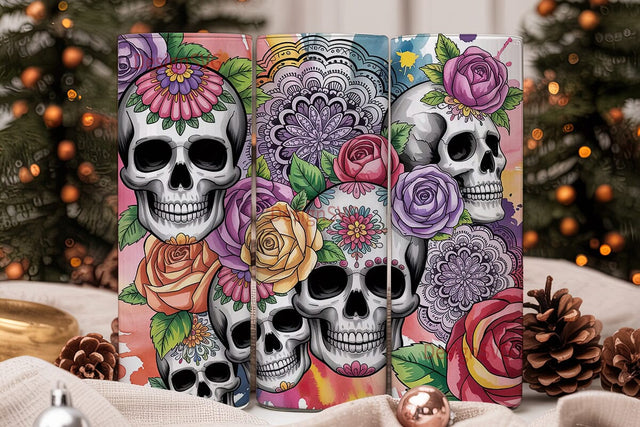 Sugar Skull Floral Tumbler Wrap Sublimation DesignSVG 