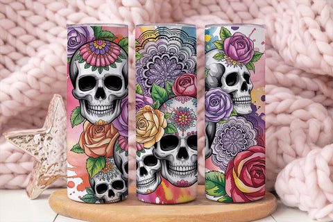Sugar Skull Floral Tumbler Wrap Sublimation DesignSVG 
