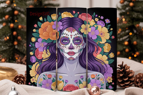 Sugar Skull Floral Tumbler Wrap Sublimation DesignSVG 