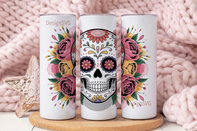 Sugar Skull Floral Tumbler Wrap Sublimation DesignSVG 