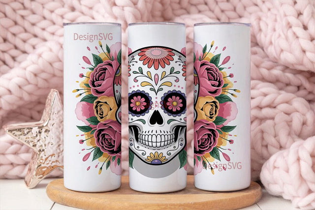Sugar Skull Floral Tumbler Wrap Sublimation DesignSVG 