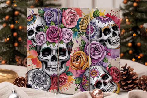 Sugar Skull Floral Tumbler Wrap Sublimation DesignSVG 