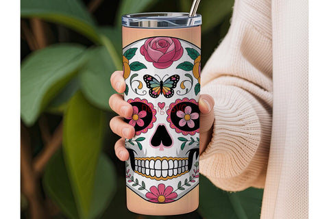 Sugar Skull Floral Tumbler Wrap Sublimation DesignSVG 