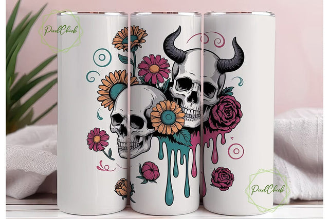 Sugar Skull Floral Tumbler Wrap Sublimation PixelChick 