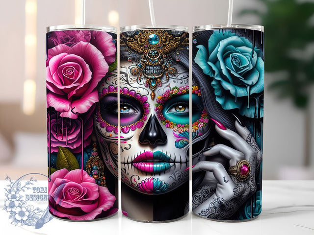 Sugar Skull Floral Vibrant Boho Tumbler, Floral Skull PNG, Day Of The Dead Wrap, Vibrant Flower Skull Design, 20oz Sublimation Tumbler, Colorful Skull Cup, Boho Skull Wrap Sublimation ToriDesigns 