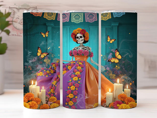 Sugar Skull Ghost Halloween Tumbler, Vibrant Halloween Tumbler Design, Day Of The Dead Sublimation Wrap, Colorful Skull Coffee Tumbler, Dia De Los Muertos Drinkware Wrap Sublimation Lara' s Designs 