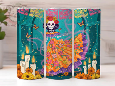 Sugar Skull Ghost Halloween Tumbler, Vibrant Halloween Tumbler Design, Day Of The Dead Sublimation Wrap, Colorful Skull Coffee Tumbler, Dia De Los Muertos Drinkware Wrap Sublimation Lara' s Designs 