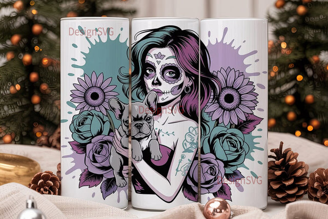 Sugar Skull Girl & Frenchie Tumbler Wrap Sublimation DesignSVG 