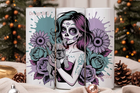 Sugar Skull Girl & Frenchie Tumbler Wrap Sublimation DesignSVG 