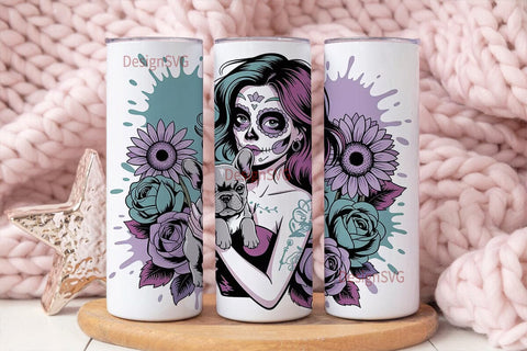Sugar Skull Girl & Frenchie Tumbler Wrap Sublimation DesignSVG 