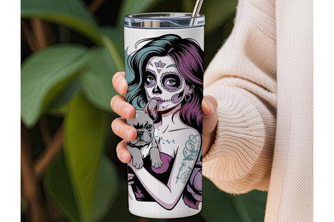 Sugar Skull Girl & Frenchie Tumbler Wrap Sublimation DesignSVG 