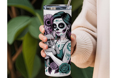 Sugar Skull Girl & Frenchie Tumbler Wrap Sublimation DesignSVG 