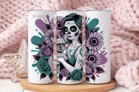 Sugar Skull Girl & Frenchie Tumbler Wrap Sublimation DesignSVG 