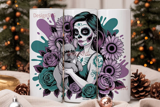 Sugar Skull Girl & Frenchie Tumbler Wrap Sublimation DesignSVG 