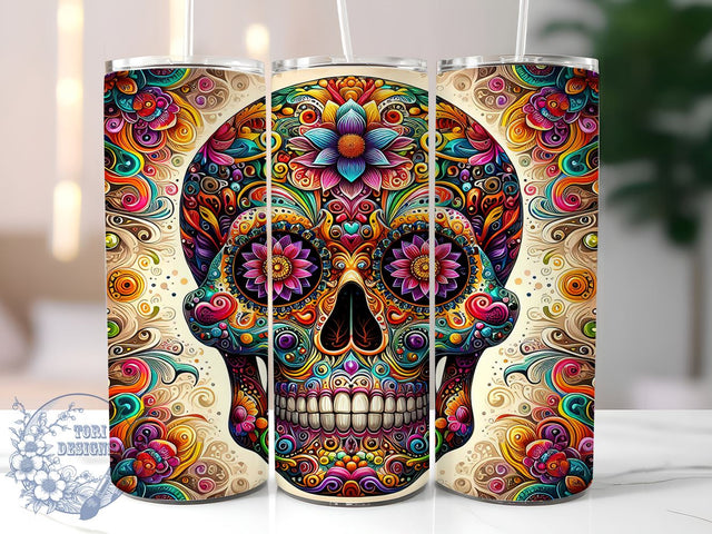 Sugar Skull Halloween Day of Dead 20oz Skinny Tumbler, Sugar Skull Tumbler Png, Straight & Tapered Tumbler Wrap, Instant Digital Download Sublimation ToriDesigns 