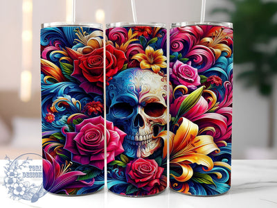 Sugar Skull Halloween Floral Neon 20 oz Skinny Tumbler Sublimation Design, Straight And Tapered Tumbler Wrap, Instant Digital Download PNG Sublimation ToriDesigns 