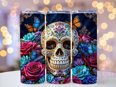 Sugar Skull Jewel Bloom 20oz Tumbler, Skull Motif, Jewel Accent, Bloom Theme, Glow Art Design, Gothic Flair, Sublimation Wrap, 20oz Tumbler Sublimation SvggirlplusArt 