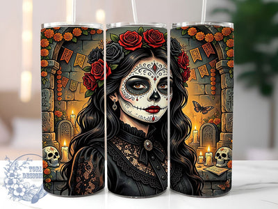 Sugar Skull Rose 20oz Tumbler Wrap, Sugar Skull, Rose Motif, Day of the Dead, Bold Pattern, Whimsical Charm, Skinny Tumbler, Sublimation PNG Sublimation ToriDesigns 