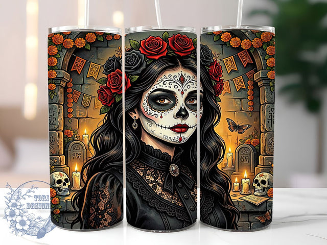 Sugar Skull Rose 20oz Tumbler Wrap, Sugar Skull, Rose Motif, Day of the Dead, Bold Pattern, Whimsical Charm, Skinny Tumbler, Sublimation PNG Sublimation ToriDesigns 