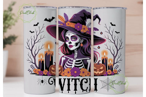 Sugar Skull Witch 20oz Tumbler Wrap Sublimation PixelChick 