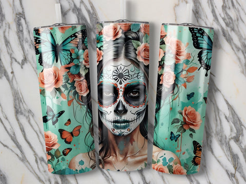 Sugar Skull with Florals Tumbler wrap Sublimation Luvleigh Digitals 