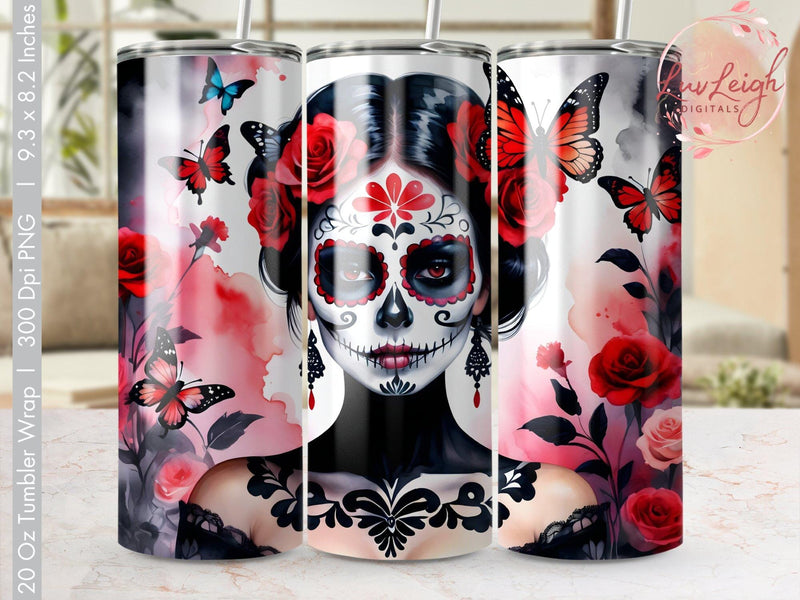 Sugar Skull with flowers Tumbler wrap Sublimation Luvleigh Digitals 