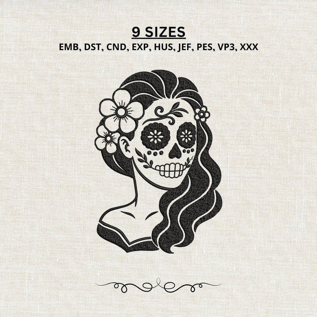 Sugar Skull Woman Machine Embroidery Design – Day of the Dead Floral Girl Embroidery File Embroidery/Applique DESIGNS PatternFeed8 