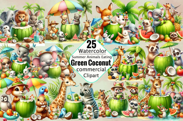 Summer Animals Eating Green Coconut Clipart Bundle Sublimation SVGArt 