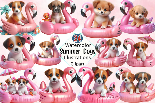 Summer Baby Dogs on Flamingo Floats Clipart Bundle Sublimation SVGArt 