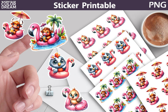 Summer Beach Animals Sticker | Funny Animals Sticker Printable Sublimation WatercolorColorDream 