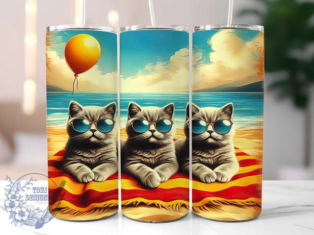 Summer Beach Cats 20oz Skinny Tumbler, Cat Lovers Tumbler Png, Straight & Tapered Tumbler Wrap, Instant Digital Download Sublimation ToriDesigns 