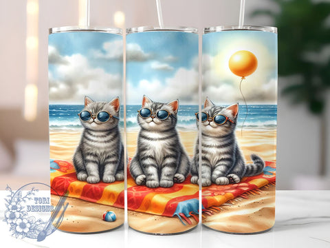 Summer Beach Cats 20oz Skinny Tumbler, Cat Lovers Tumbler Png, Straight & Tapered Tumbler Wrap, Instant Digital Download Sublimation ToriDesigns 