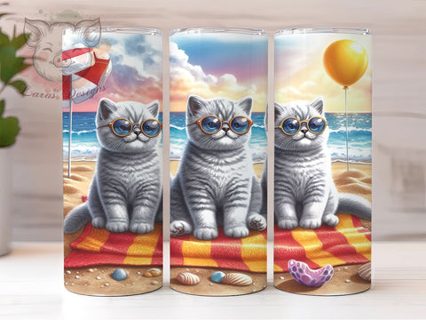 Summer Beach Cats 20oz Tumbler Png, Straight & Tapered Tumbler Png, Cat Lover Tumbler Png, Digital Download PNG Sublimation Lara' s Designs 
