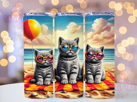 Summer Beach Cats 20oz Tumbler Wrap Sublimation Design, Straight Tapered Tumbler Wrap, Cat Lovers Tumbler Png, Instant Digital Download Sublimation SvggirlplusArt 