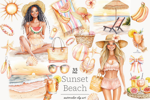 Summer Beach Clipart | Sunset Beach Scene | Vacation Travel Digital Pattern GlamArtZhanna 