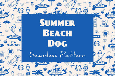 Summer Beach Dog Seamless Pattern & Digital Paper EPS JPG PNG Digital Pattern Rin Green 