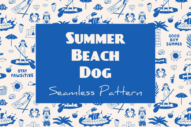 Summer Beach Dog Seamless Pattern & Digital Paper EPS JPG PNG Digital Pattern Rin Green 