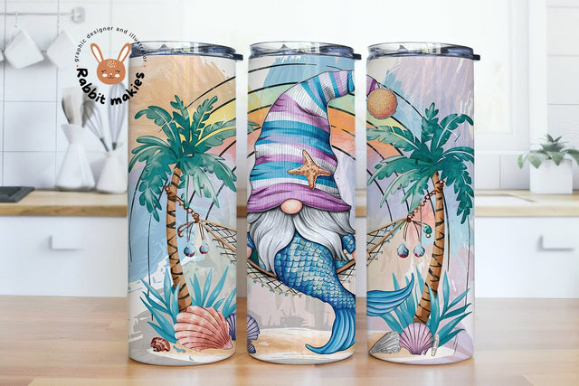 Summer Beach Hammock Gnome 20 Oz Skinny Tumbler Template PNG Sublimation Rabbitmakies 